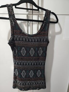 BKE Black Knit Top with Teal & Rust Geometric Design